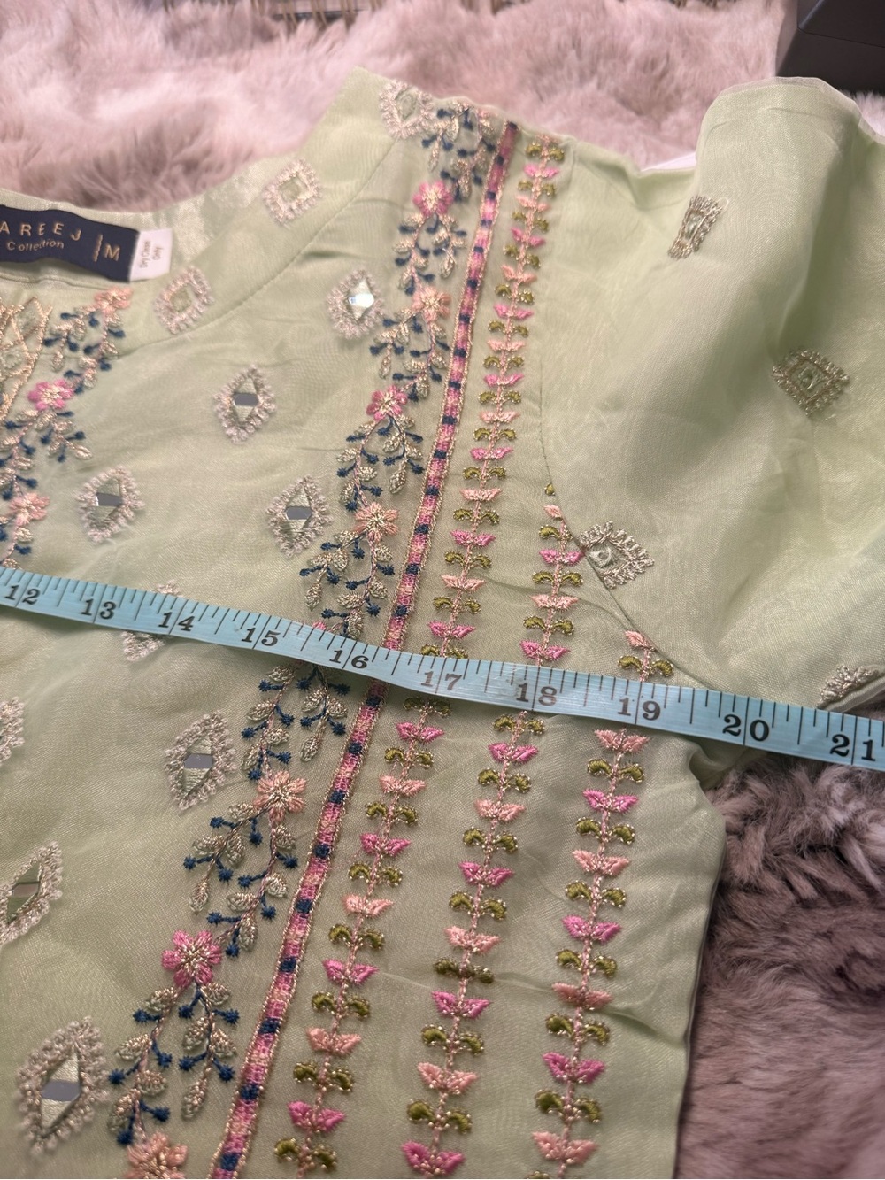AREEJ Collection Pakistani Mint Green Organza Kurti Kameez Embroidered Medium M - Picture 4 of 5
